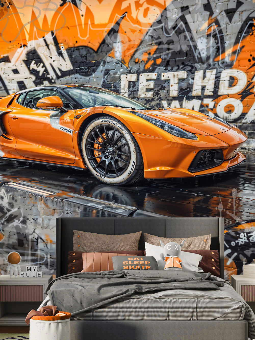 3D Фотообои лофт ярко-оранжевый автомобиль