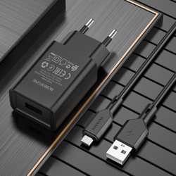 Сетевое зарядное устройство  1USB Borofone BA68A, Glacier, с кабелем микро USB, 5V/2.1A черное