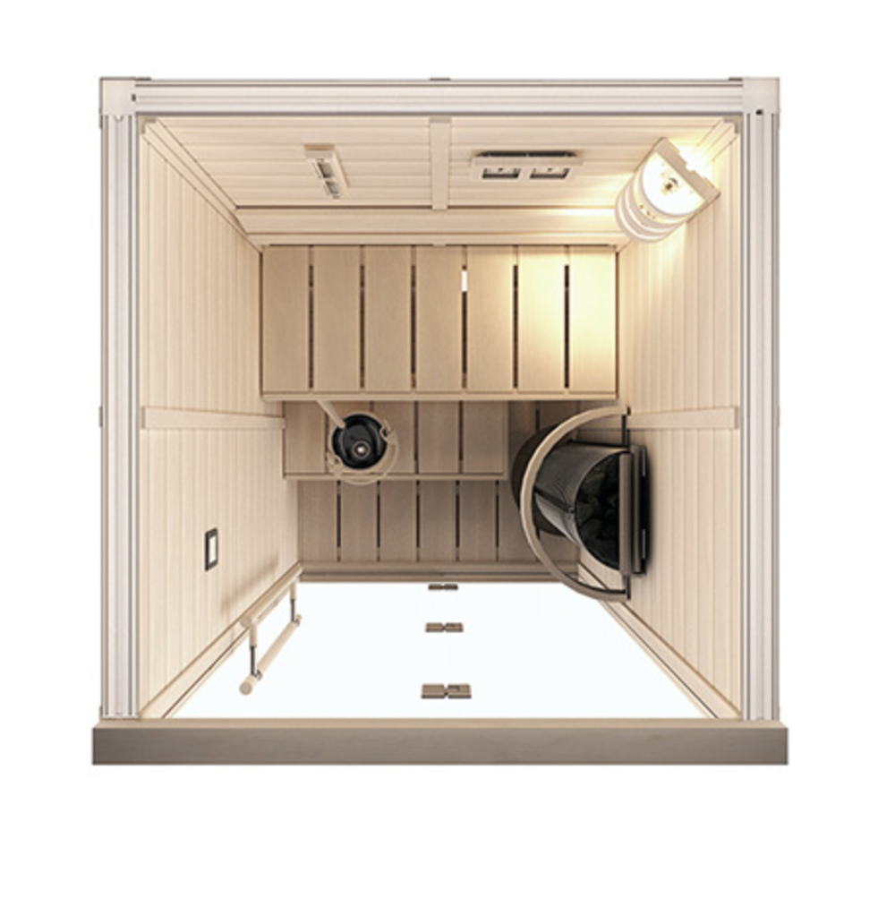 Сауна в сборе SAWO 1414RS-WD-G (1,4м х 1,4м, кедр, полностью стеклянная стена, дизайн Wave, правая)