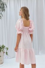 Длинное ярусное платье с фонариками из льна розового цвета