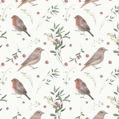 Акварельные птицы и лесные ягоды на бежевом фоне