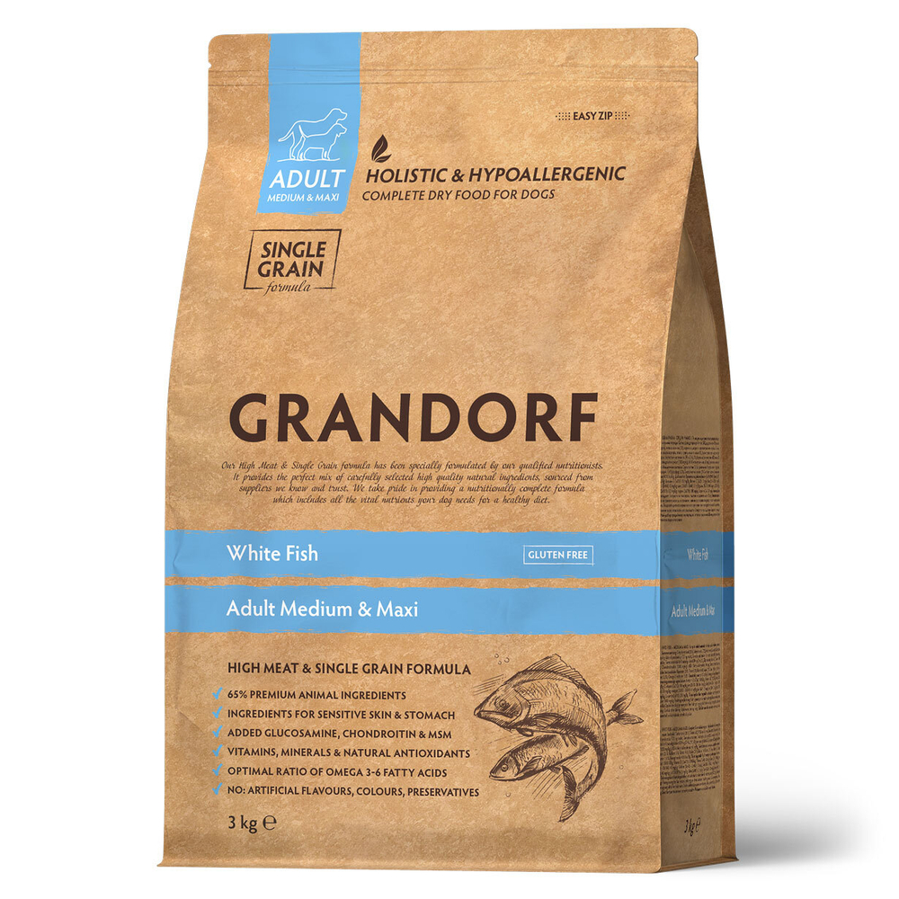 GRANDORF Dog Med&Max Fish Сухой корм для собак средних и крупных пород с рыбой, 3 кг