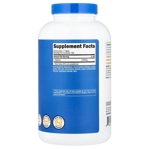 Nutricost, L-аргинин, 1000 мг, 300 таблеток