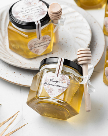 Набор свадебных бонбоньерок (свадебные комплименты для гостей) "Сладкие воспоминания", 6 баночек с медом по 140 грамм в стиле бохо