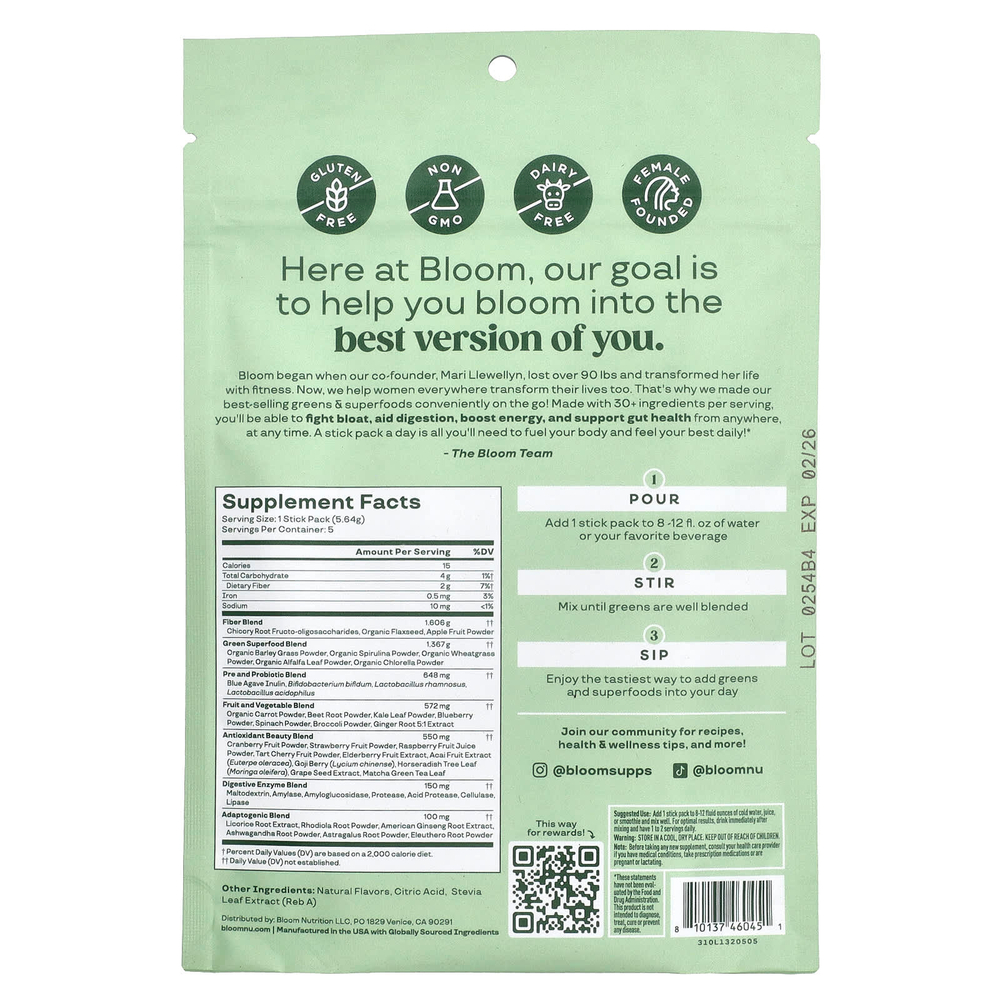 Bloom, Greens & Superfoods, манго, 5 пакетиков по 5,64 г (0,20 унции)