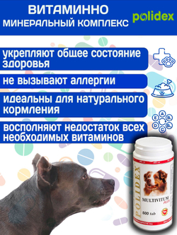 Polidex Multivitum Plus для собак для профилактики нарушений обмена веществ, витаминной и минеральной недостаточности, улучшения внешнего вида у собак Полидекс Мультивитум Плюс, 150таб