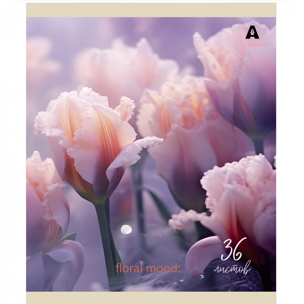 Тетрадь 36 л., А5, клетка, Alingar "Нежный букет", скрепка, офсет, мелованная бумага, 5 дизайнов в пленке т/у