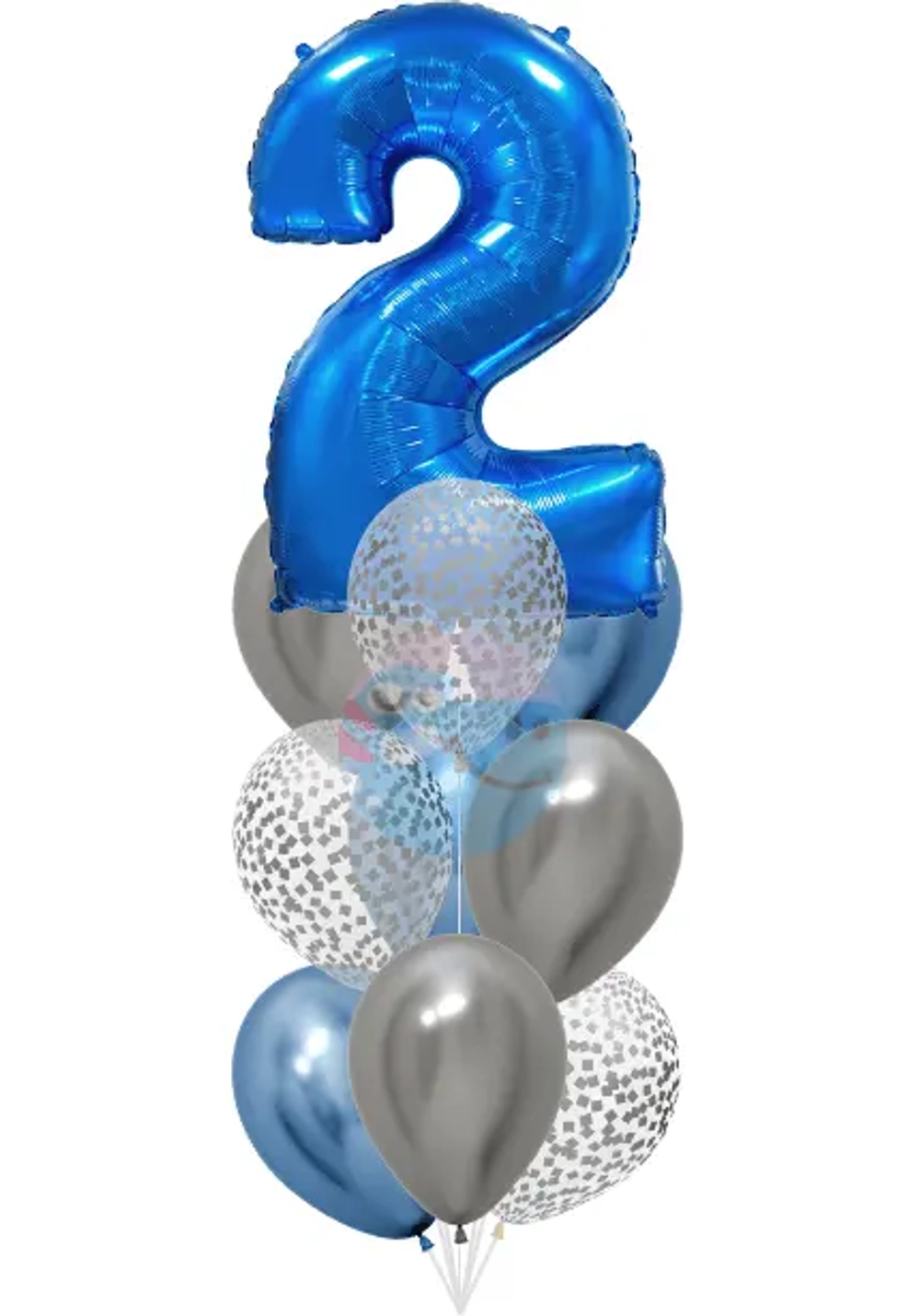 Фонтан c синей цифрой «2» из 10 воздушных шаров с гелием