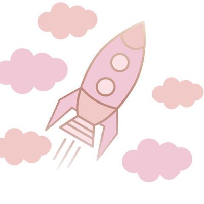 ракета в полете и облаках. золотые линии с розовой заливкой