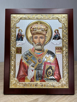Николай Чудотворец, икона прямоугольная с рамкой, красное дерево, эмаль 210х260