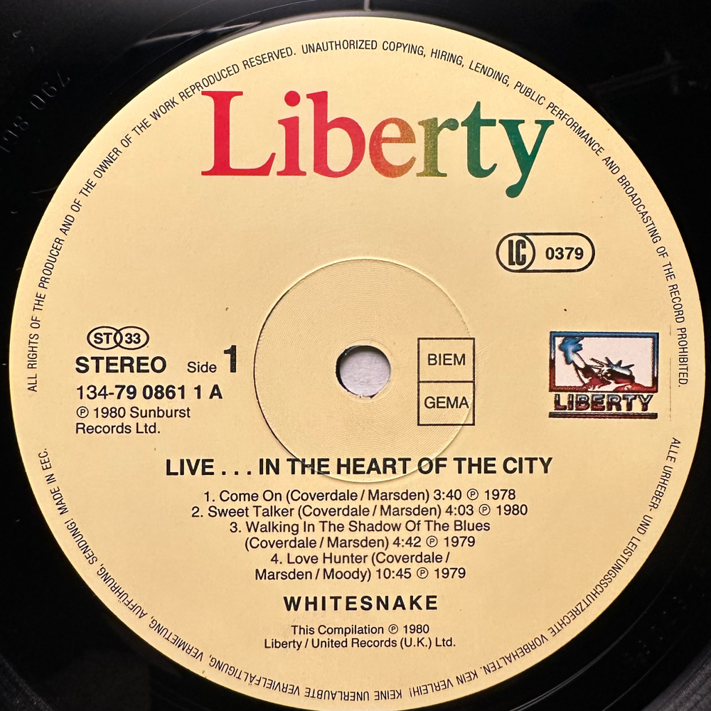 Whitesnake - Live... In The Heart Of The City 2LP (Германия 1980г.)