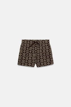 ZARA ШОРТЫ С ПЕРФОРИРОВАННОЙ ВЫШИВКОЙ, КОРИЧНЕВЫЙ/ЭКРЮ