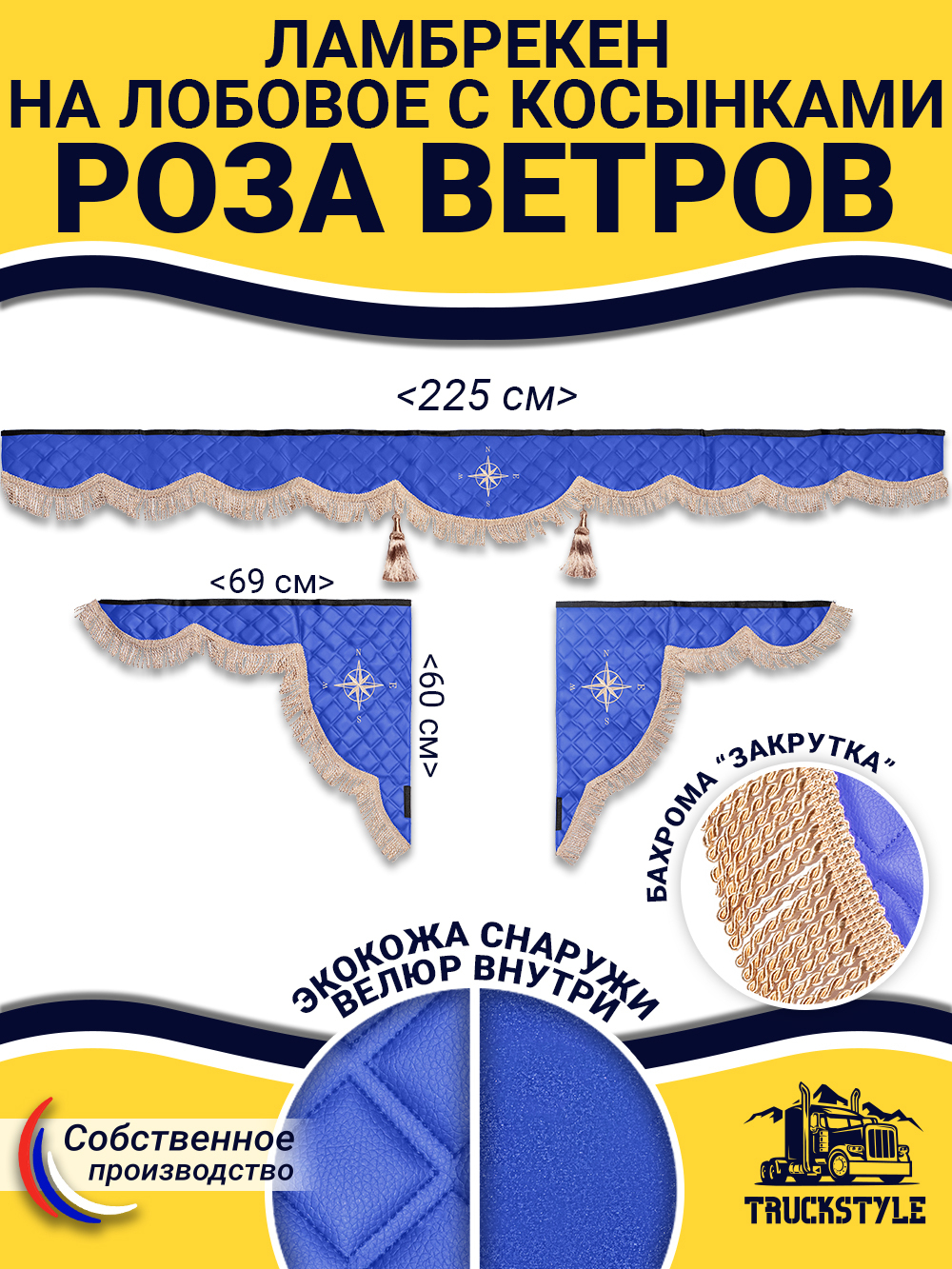 Ламбрекен с косынками стеганые Роза Ветров (экокожа, синий, бежевая бахрома "закрутка")
