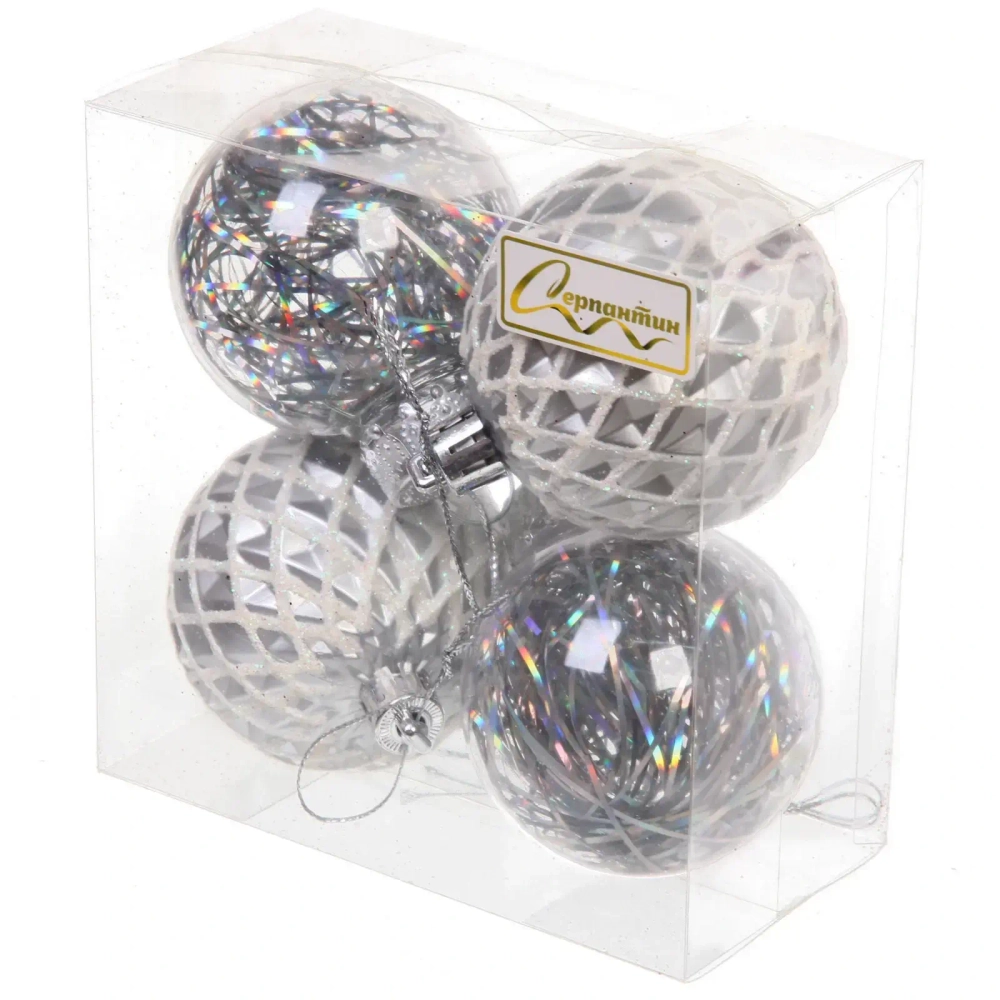 Новогодние шары 6 см (набор 4 шт) «Яркая метель», серебро/белый
