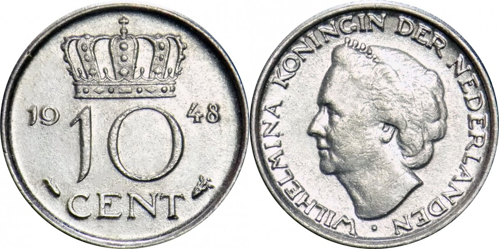 Нидерланды 10 центов, 1948 Королева Вильгельмина XF