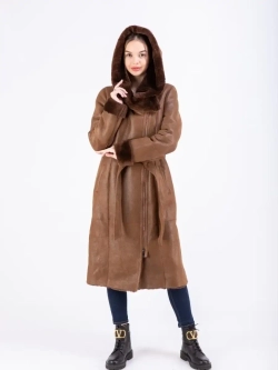 Дубленка женская натуральная длинная с капюшоном Турция
