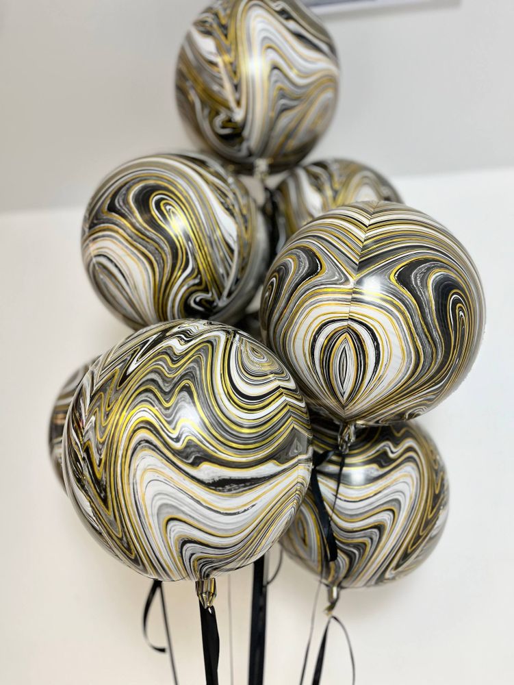 Воздушные шары сфера Агат черный/белый/золото №3429