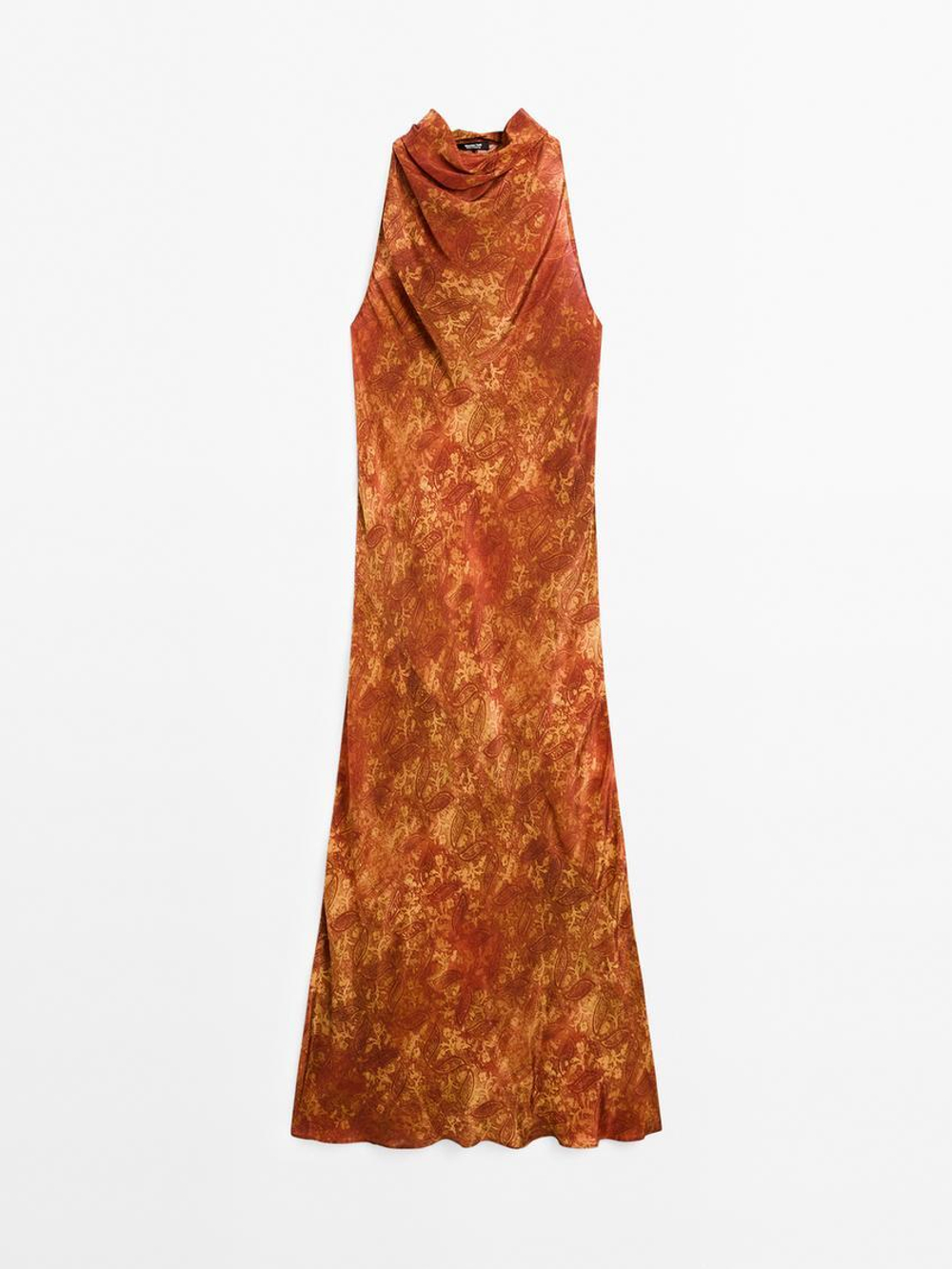 Massimo Dutti Длинное платье из струящейся ткани с принтом, оранжевый
