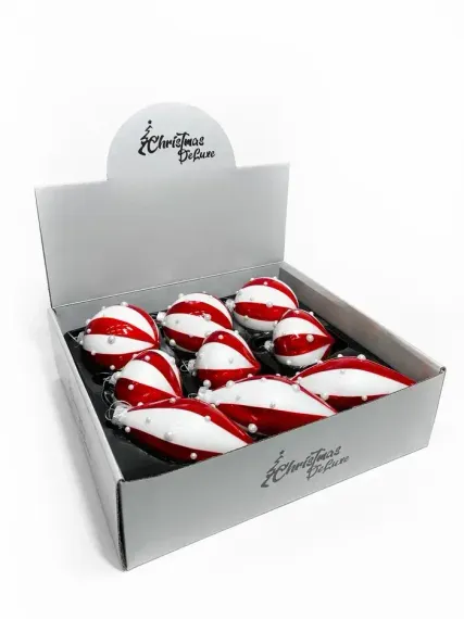 Набор стеклянных украшений Белуччи 80 мм., красный с белым, 9 шт., Christmas DeLuxe (13080)