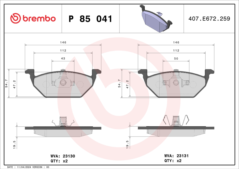 BREMBO - P85041-BRB - Brake Pad Set, disc brake