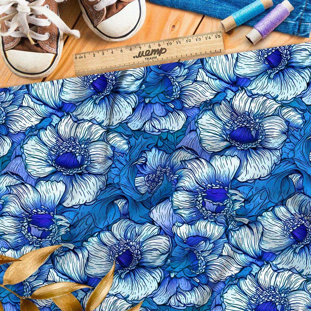 Ткань премиум флис бело-голубой цветник