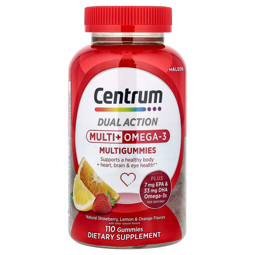 Centrum, Multigummies + Omega-3, натуральная клубника, лимон и апельсин, 110 жевательных таблеток