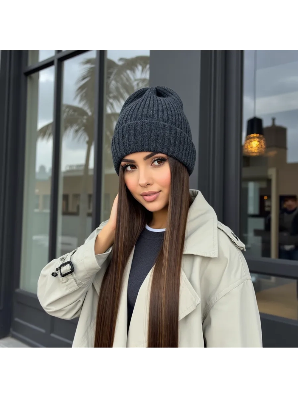 Шапка бини осенняя с отворотом теплая
