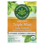 Traditional Medicinals, Organic Herbal Tea, ежедневный пробиотик с тройной мятой, без кофеина, перечная мята, мята колосистая и лимонная мелисса, 16 чайных пакетиков в упаковке, 24 г (0,85 унции)