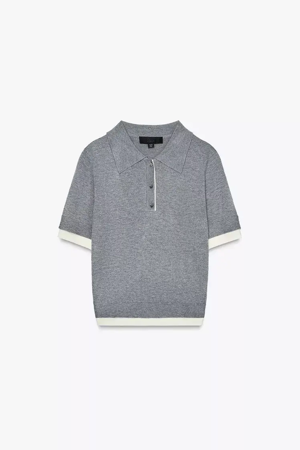 ZARA ТРИКОТАЖНЫЙ ТОП ПОЛО С КОНТРАСТНЫМИ ДЕТАЛЯМИ, СВЕТЛО-СЕРЫЙ
