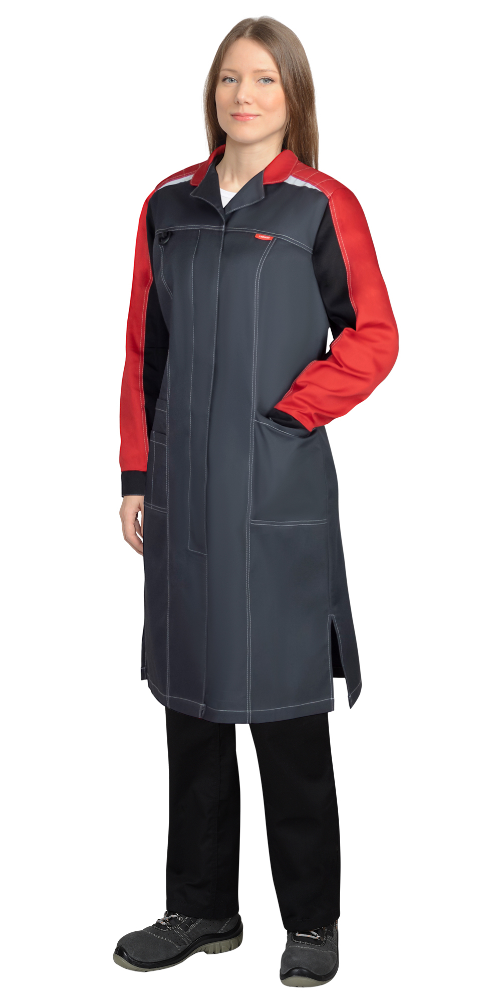 Халат СИРИУС-ФАВОРИТ-МЕГА женский, тёмно-серый с черным и красной отделкой