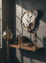 Настенные часы WOODandROOT Automaton 1789 Hermitage в интерьере лофт над полкой с книгами и глобусом в солнечном свете
