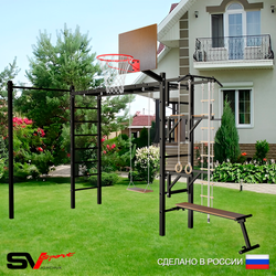 Уличная шведская стенка Sv Sport рукоход с комплектом турник прямой У5362К (Турник/Брусья/Стойка/Скамья/Деревянные/Щит баскет/Канат/кольца/лестница)