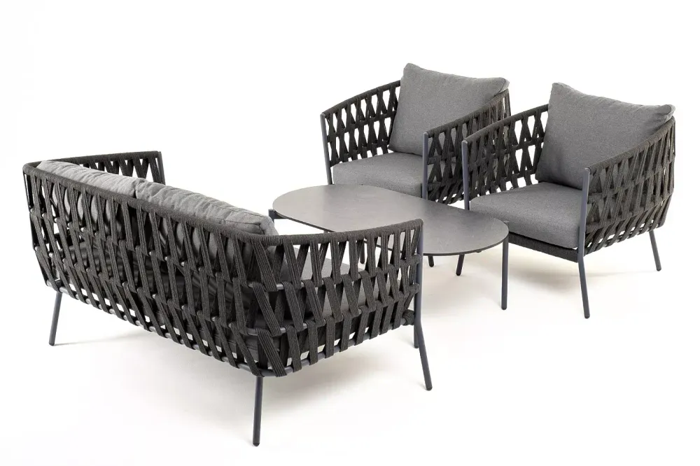 "Диего" лаунж-зона 4-местная плетеная из роупа (веревки), каркас алюминиевый темно-серый, роуп темно-серый