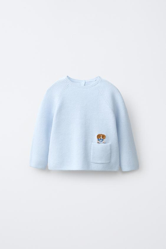 ZARA ДЖЕМПЕР С НАШИВКОЙ «СОБАКА», ГОЛУБОЙ