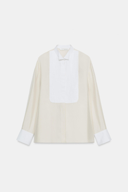 ZARA РУБАШКА С НАГРУДНИКОМ ИЗ 100% ШЕЛКА — ZW COLLECTION, ЦВЕТ СЛОНОВОЙ КОСТИ