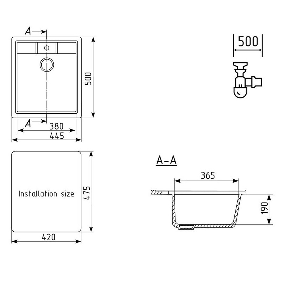 МОЙКА ULGRAN КВАДРАТНАЯ КЕРАМОГРАНИТ U-406 ЧЕРНЫЙ 308