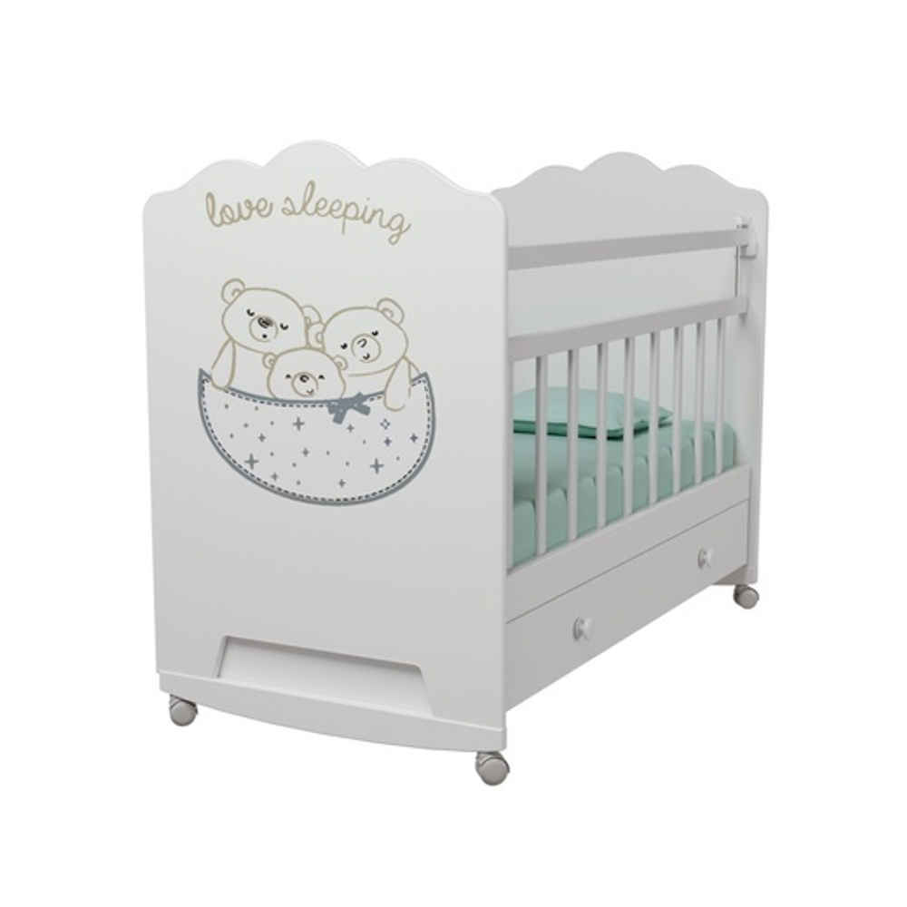Кровать детская Love Sleeping колесо-качалка с ящиком (белый) (1200х600)