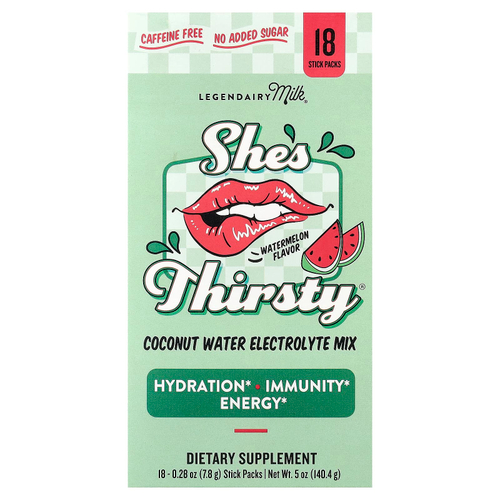 Legendairy Milk, She's Thirsty®, смесь электролитов с кокосовой водой, арбуз (коробка), 18 пакетиков-стиков по 7,8 г (0,28 унции)