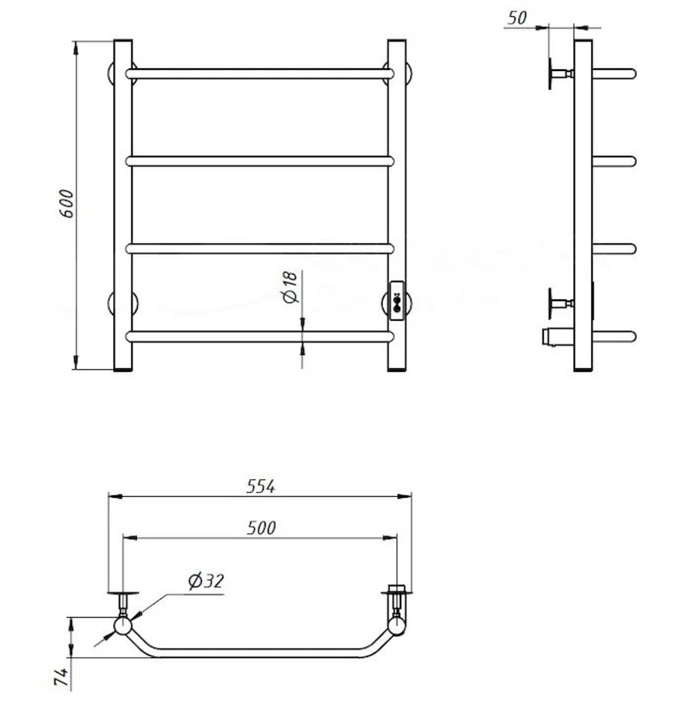 Полотенцесушитель электрический EWRIKA Сафо FT 60x55 см, подключение справа, слева, глянцевый хром, лесенка
