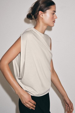 ZARA ДРАПИРОВАННЫЙ ТОП АСИММЕТРИЧНОГО КРОЯ, КАМЕННО-СЕРЫЙ