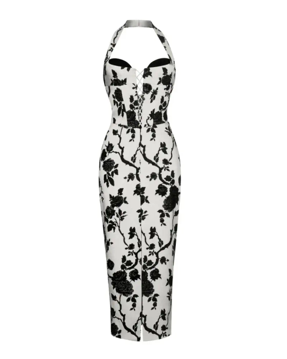 Платье миди из жаккарда c цветами и крепа со шнуровкой