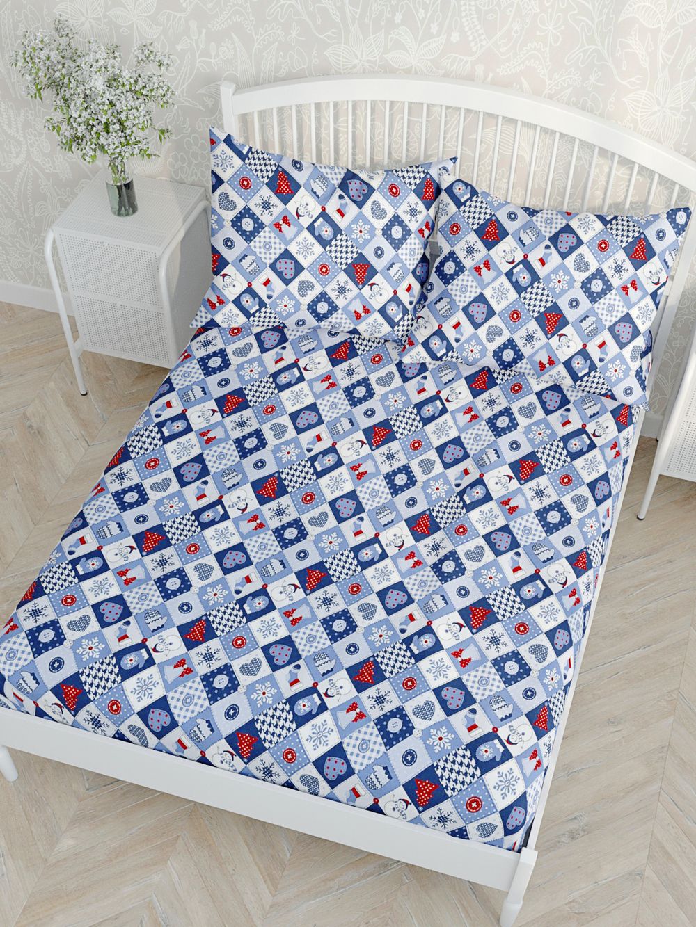 Простынь на резинке Сказка "Новогодний пэчворк" 160х200 см, перкаль