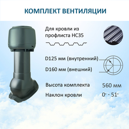 Комплект вентиляции: Колпак D160, вент. выход утепленный высотой Н-500, для кровельного профнастила 35мм, серый