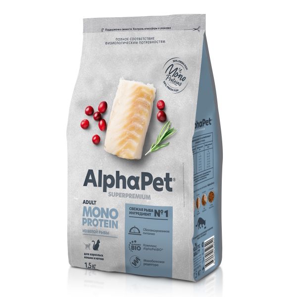 Сухой корм AlphaPet Superpremium Monoprotein для взрослых кошек из белой рыбы