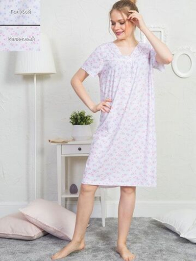 Домашняя сорочка в мелкий цветочный рисунок (Размер: L) (Цвет: малиновый)