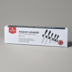 НАБОР НОЖЕЙ AGNESS 6 ПР.С МАГНИТНЫМ ДЕРЖАТЕЛЕМ И РУЧКОЙ ИЗ НЕРЖ.СТАЛИ (КОР=6НАБОР.)