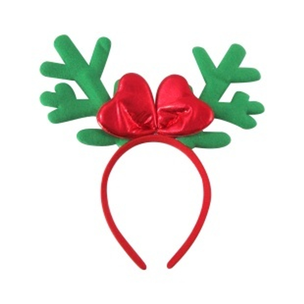 Ободок, Оленьи рожки с бантиком, Зеленый/Красный, 1 шт.