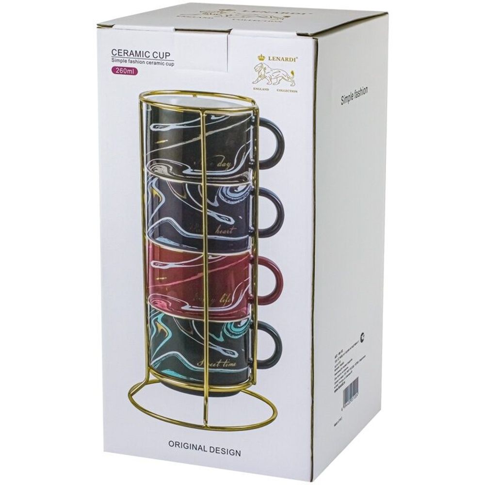 Lenardi 106-132 Набор из 4 кружек 260 мл на подставке в под.уп.(х18)Фарфор