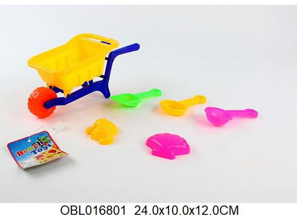 Набор для игры в песок 6 предм. тачка, сито, грабли, совок, 2 форм, сетка