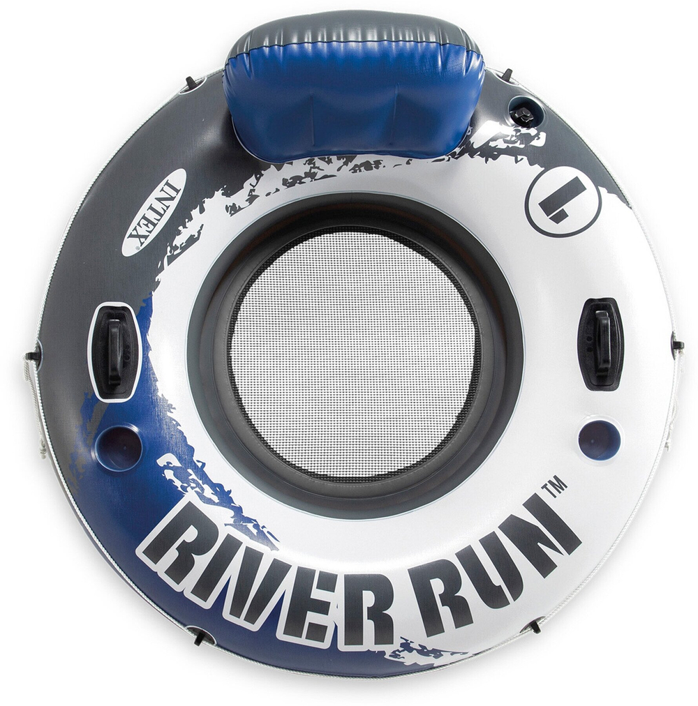 Матрас-круг для плавания Intex 58825 River Run 135 см / Надувное кресло Интекс с сетчатым дном и спинкой сине-белое для бассейна и моря